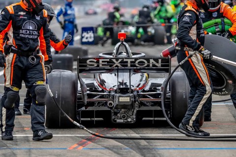INDYCAR Series driver, SANTINO FERRUCCI (14) of Woodbury, Connecticut, brings his car in for