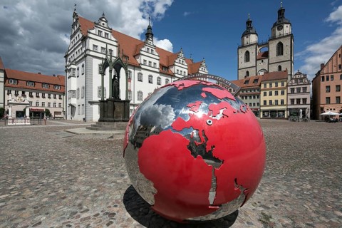Luther city Wittenberg market square 6361 left town hall 16th century in front monument to