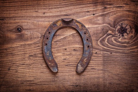 Single old horseshoe on vintage wooden board happy concept