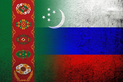 National flag of Russian Federation with The Republic of Turkmenistan National flag. Grunge