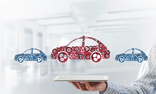 Car icon made of gears and cogwheels on white office background. Mixed media