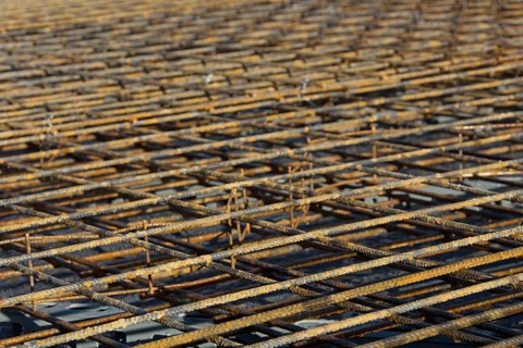 Close-up of steel reinforcement on the floor slab of a private home