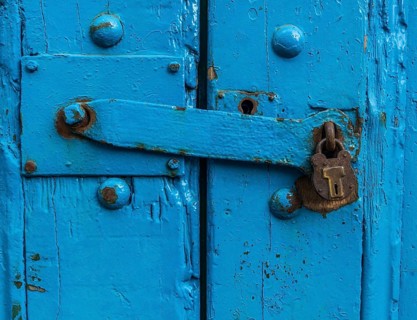 Vintage Sturdy Blue Wooden Door With Heavy Metal Lock