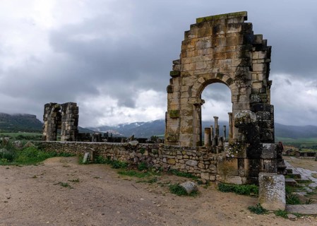 Volubilis, Morocco, 3 March, 2024: view of the temple ruins in the Berber-Roman city of Volubilis