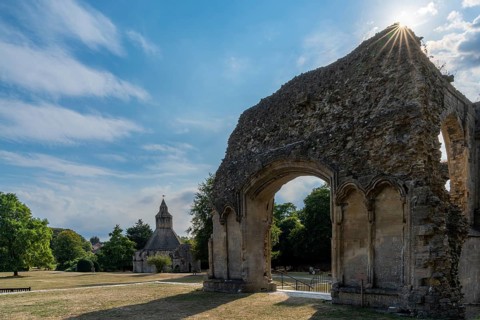 Glastonbury, United Kingdom, 1 September, 2022: view of the ruins of the Choir at the Glastonbury