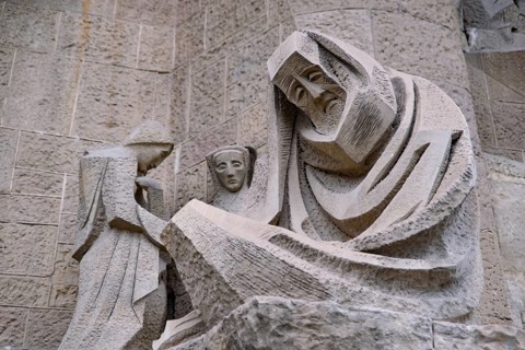 The sculptures on the Passion facade of Sagrada Familia in Barcelona, Spain