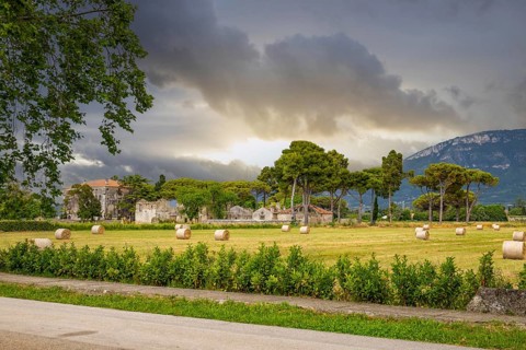 Beautiful old historical centre with ruins. Evening sunshine and the Temple of Athena in Paestum,