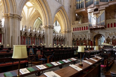 Interior view, choir stalls, Wells Cathedral, Wells, England, Great Britain