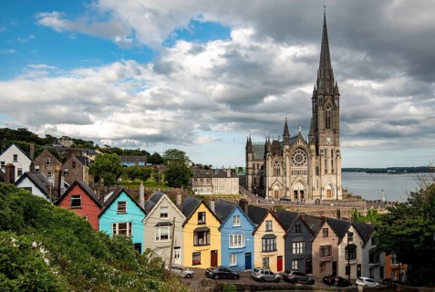 Deck of cards houses and st colmans cathedral at Cobh city Ireland Europe Cork County