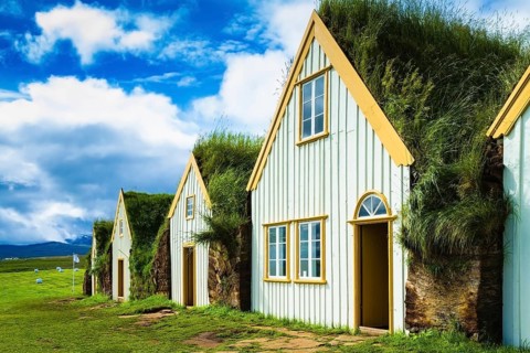The village of ancestors in Iceland. The recreated village - museum of pioneers - Vikings. Houses
