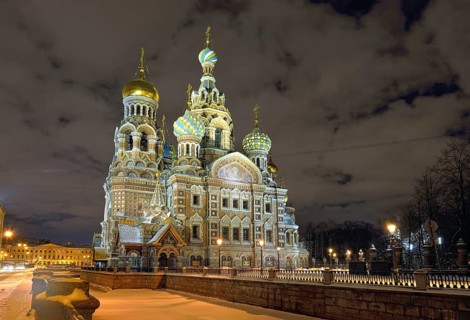 Illuminated Church Savior on Blood in St-Petersburg, Russia. Night view