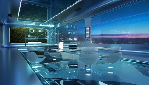Modern sci-fi futuristic interior office design with green wall plant and beautiful night scene