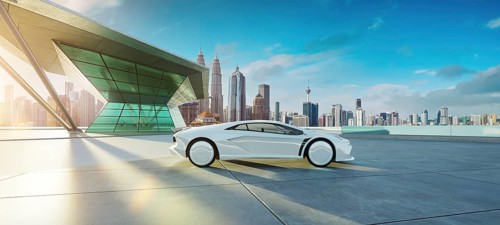 Empty cement floor with modern building exterior and brandless electric EV car. 3d rendering