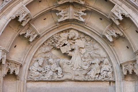 Northern west portal, tympanum, God hands over the tablets of the law to Moses, St., Saint, Saint