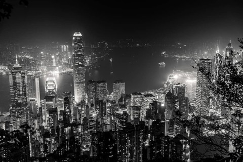 Victoria Harbour skyline by night from Lugard Road Lookout at Victoria Peak, the highest mountain