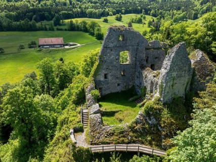 Historic site ruins of the Château de Löwenburg, drone image, Pleigne, Jura, Switzerland