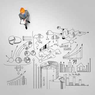 Top view of engineer man with folder and plan sketches on floor