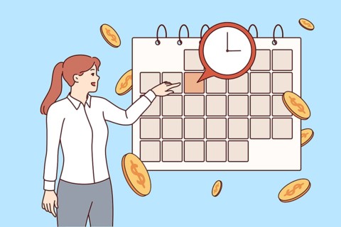 Payment calendar near business woman studying schedule of mandatory expenses and interest payments