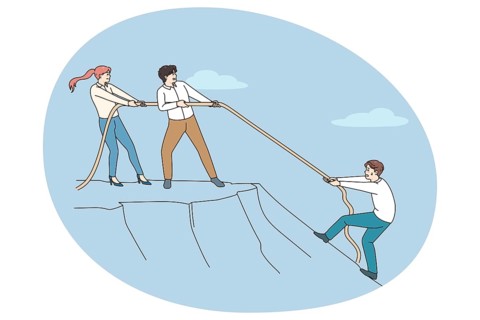 Diverse employees throw rope help colleague climb up hill. Coworkers help person showing support