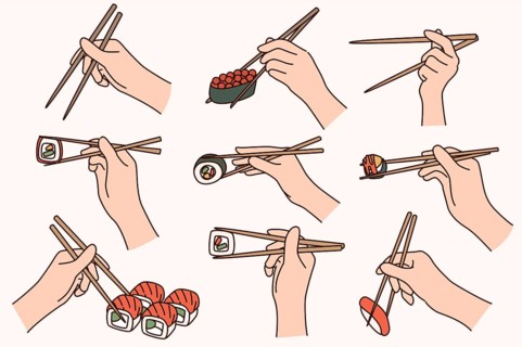 Collection of people hold chopsticks eating sushi. Set of persons enjoy traditional Japanese food.