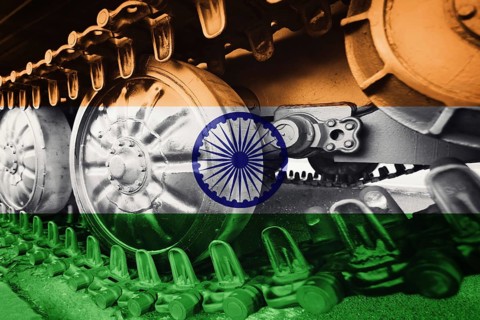 Military tank close-up Caterpillar Track with Indian flag Background