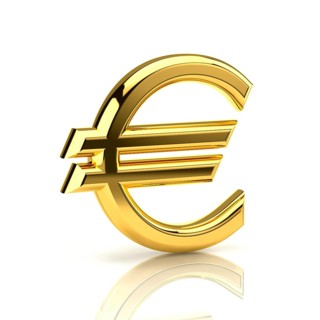 Euro sign, made of gold, stands upright on a white background
