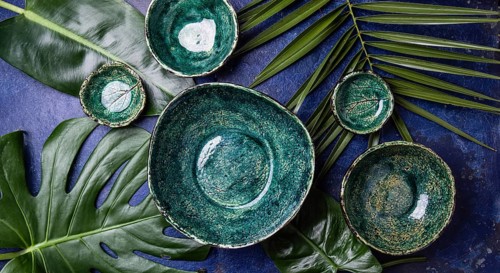 Food, Background with empty green plates over tropical palm tree leaves and monstera