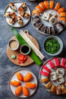 Sushi and rolls sets. Japonese food. top view