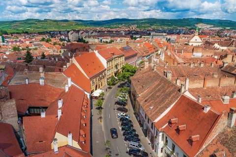 Aerial view of houses in Sibiu, Transylvania, Romania