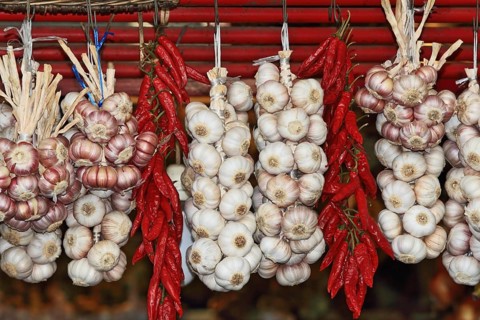 Bundles of garlic and bundles of cayenne pepper hanging on wicker fence of the southern market