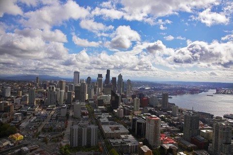 The magnificent American city of Seattle on coast of ocean