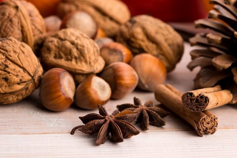 Different kinds of spices, nuts and dried oranges - christmas decoration, lodz, poland