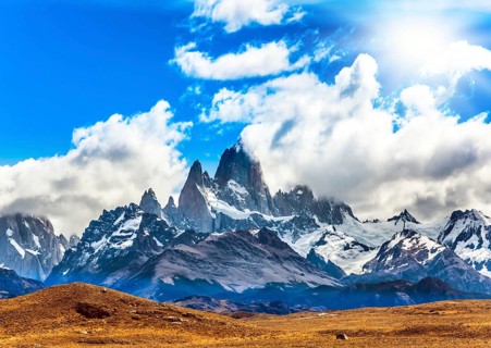 The famous ridge Mount Fitz Roy and the Patagonian prairie. Argentine Patagonia. Desert and