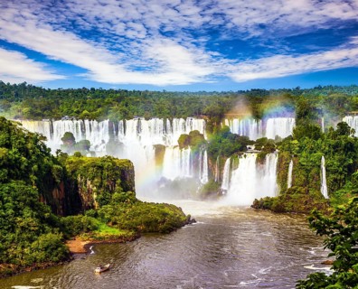 Concept of active and extreme tourism. Incredible exotic waterfalls of Iguazu in South America, on