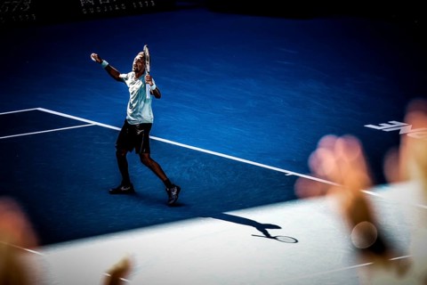 MELBOURNE, AUSTRALIA - JANUARY 18: Gael Monfils of France celebrates beating Taylor Fritz of USA on