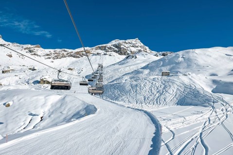 View of the Matterhorn and the ski slopes of Cervinia