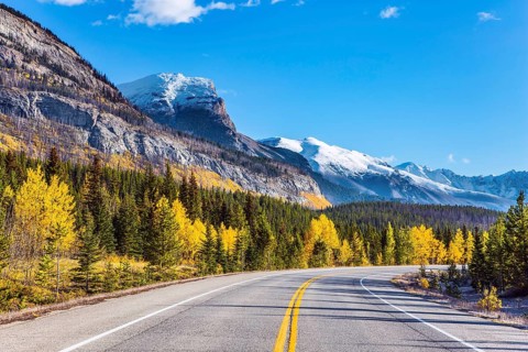 The asphalt highway goes into the distance. Indian summer in the Canadian Rockies. The first snow