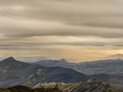 View from Mount Sveinstindur, volcanic landscape, moss-covered hills, mountains, Icelandic