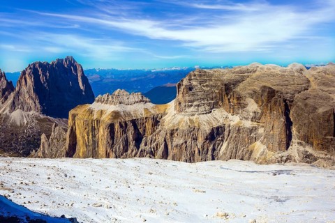 Warm sunny day in the Alps. The Passo-Pordoi pass. Pordoi is a mountain pass of the Dolomites,