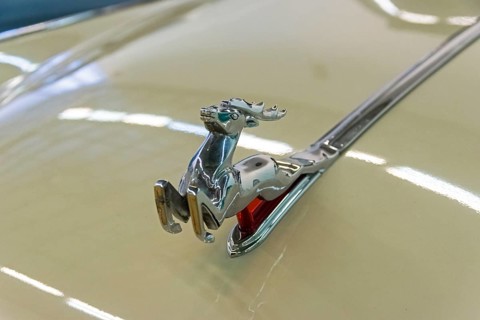 Moscow, Russia, November 10, 2018: The classic emblem of the Volga GAZ M-21 cars, a figure of a