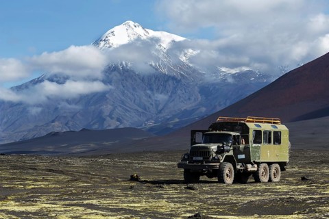 TOLBACHIK VOLCANO, KAMCHATKA, RUSSIA, AUG 27, 2014: Russian off-road extreme expedition truck
