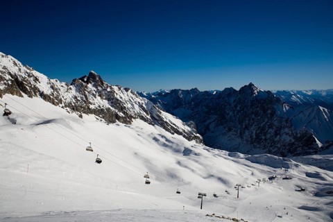 Zugspitze alpin ski area in the winter time. Alps, Bavaria, Germany