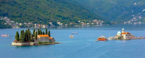 Perast, Montenegro Church of Our Lady of the Rocks and Island of Saint George, Bay of Kotor banner