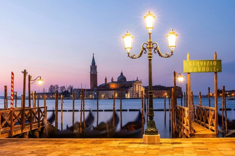 Dawn, Venetian gondolas with the church of San Giorgio Maggiore in the background, Venice, UNESCO