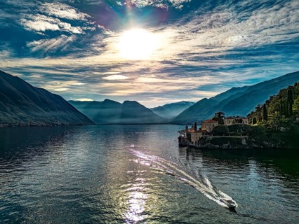 Aerial view of Villa Balbianello peninsula on Lake Como