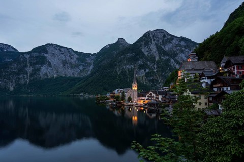 Panoramic view of the village of Hallstatt on Lake Hallstatt in Austria