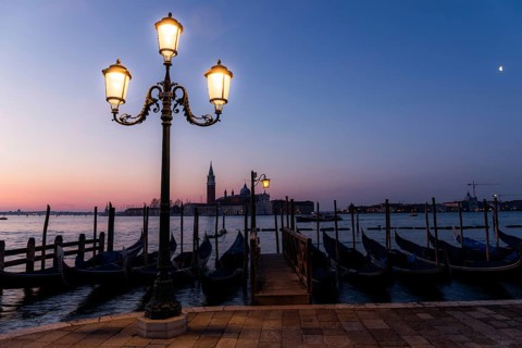 Dawn, Venetian gondolas with the church of San Giorgio Maggiore in the background, Venice, UNESCO