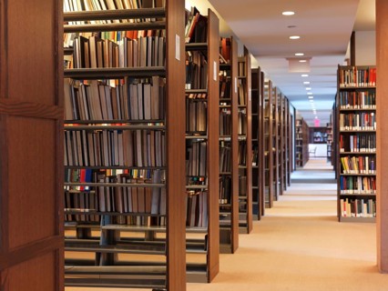 Rows of bookshelves in a library