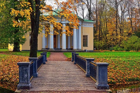Autumn landscape in Catherine park, Pushkin, Russia. View to the Concert Hall pavilion