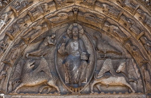 West façade, central royal portal around 1160, tympanum Christ in the mandorla and evangelist